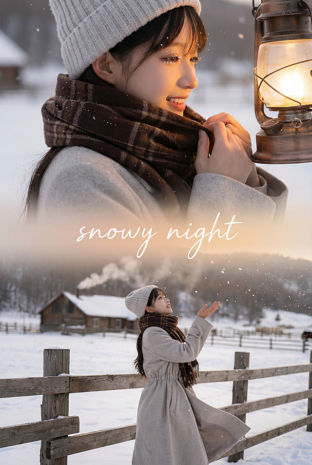 上宫格：大特写镜头，女生侧脸特写，穿浅灰色收腰大衣，深棕格纹围巾绕颈，浅灰针织帽压着耳尖。牧场路灯暖光从斜前方漫来，睫毛沾着细雪，嘴角带点随性的笑意，指尖轻拽围巾边角。
下宫格：中景镜头，女生站在牧场的木质围栏旁，抬手接住飘落的雪花，大衣收腰设计勾勒身形，下摆被草原风拂起，身后是飘雪的牧场与远处冒着炊烟的牧屋。
中间衔接：手写 “snowy night” 文字横向贯穿画面。