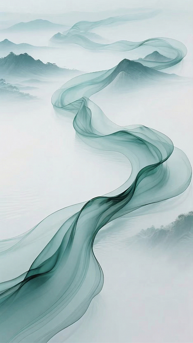 消除图片中的龙舟小船，保留原图像的其余部分：新中式青绿色渐变飘带山水意境，水墨轻纱质感，远山雾气，保持整体风格不变