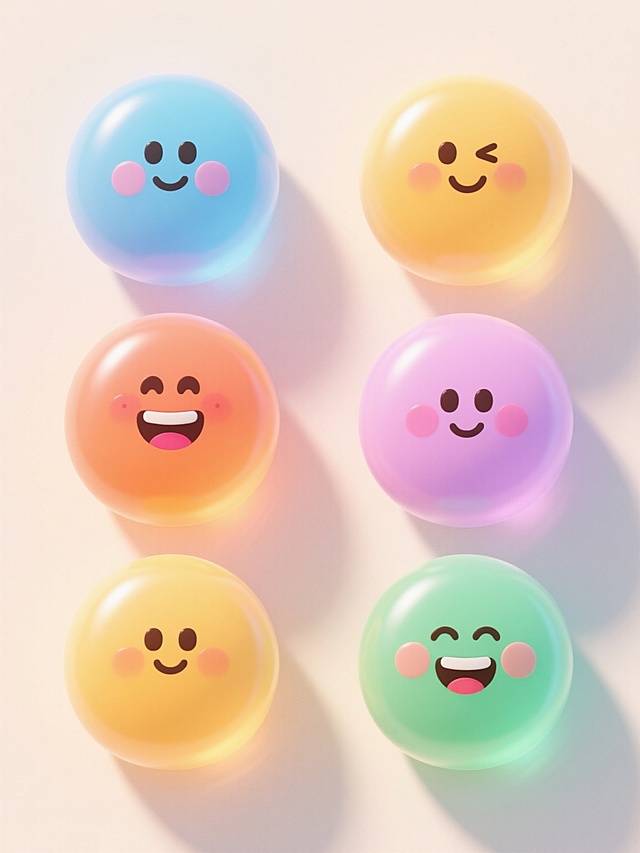 6个不同配色、不同样式、不同神态的3D立体emoji表情，每个表情都具有圆润可爱的造型、光滑细腻的果冻质感、明亮柔和的高光和自然过渡的阴影，浅色背景，上下两行对齐排列，整体呈现出清新、活泼、治愈的视觉效果。