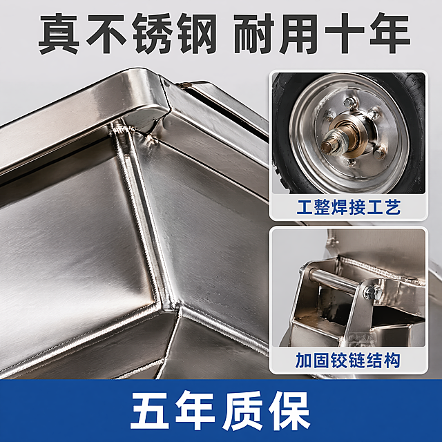 [主图-3] 不锈钢车斗工艺细节特写图
[氛围风格] 细节特写，专业质感
[画质] 商业摄影微距特写，纹理清晰，产品真实，画面干净高级，4k分辨率
[元素] 放大展示三轮车不锈钢车斗的局部，特写不锈钢板材的拼接焊缝和表面拉丝纹理，突出材质质感。保持材质颜色和纹理与原图一致。画面主体为车斗局部，右侧叠加两个小画中画框，分别展示车轮轴承细节和自卸翻转铰链结构，每个小画框配文字说明。整体构图饱满，主体突出
[光影] 侧光打亮，突出不锈钢金属纹理和焊缝的工整度，高光清晰，阴影有层次
[配色] 浅灰色背景，银色不锈钢主体，蓝色文字点缀
[视角构图] 主体特写占据画面70%，右侧上下排列两个小细节画框，整体满版构图
[文字版式] 顶部大字主标题写"真不锈钢 耐用十年"，深灰色加粗。右侧两个小画框下方分别标注"工整焊接工艺" "加固铰链结构"，小字深蓝色，清晰可读。底部蓝色通栏写"五年质保"白字
[比例分辨率] 1:1 比例，4K分辨率，文字清晰可辨
[负向提示词] 变形，水印，文字错乱，产品图模糊，背景杂乱，文字遮挡主体细节