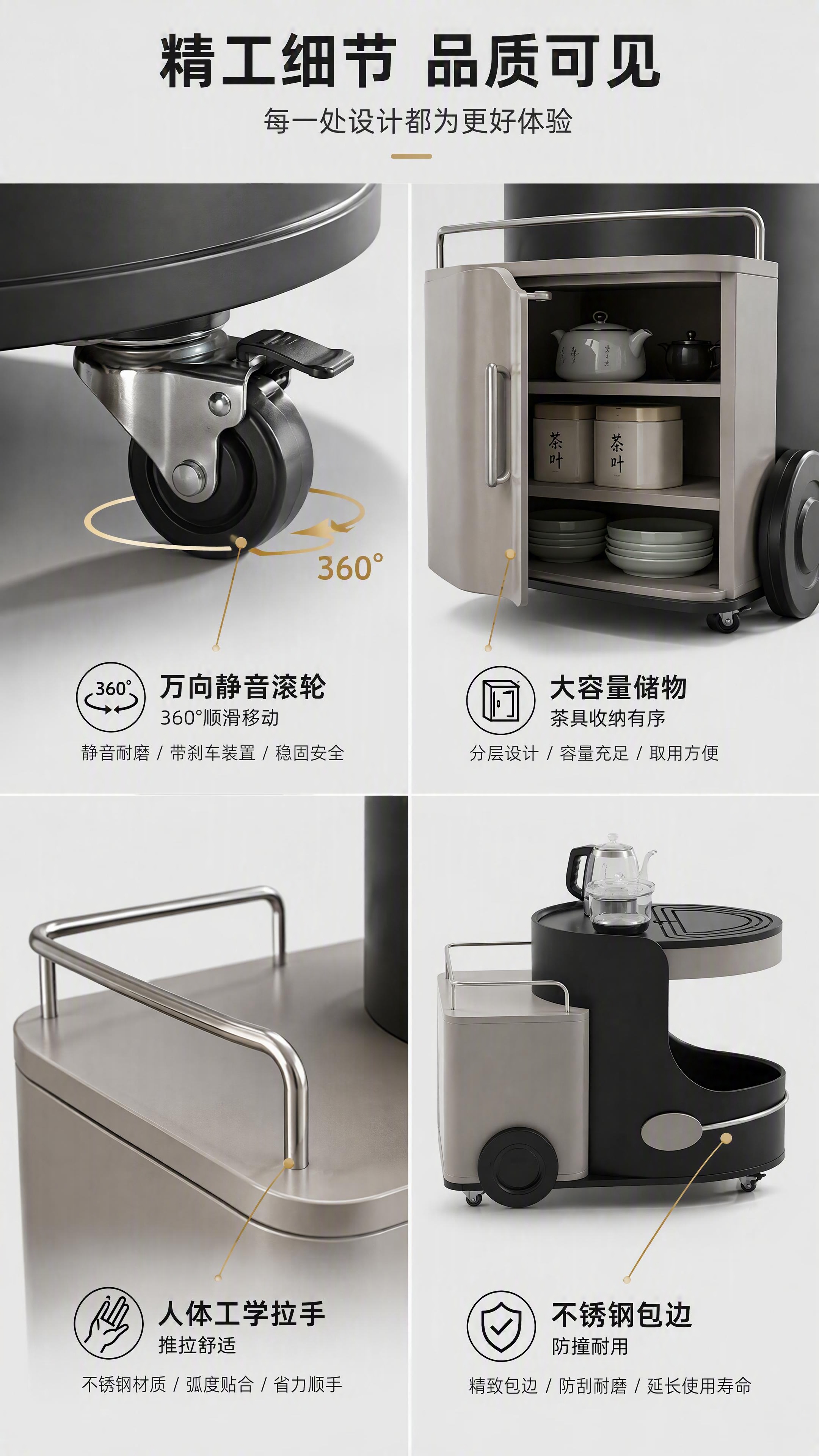 [第6张] 细节展示页-万向滚轮+储物空间+拉手细节特写。本张… - 图片创意预览