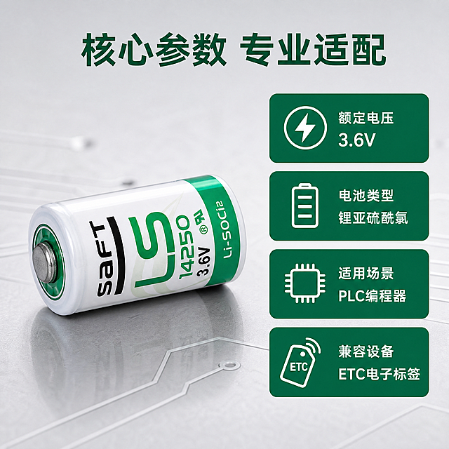 [主图-2] LS14250锂电池核心参数亮点图；
[氛围风格] 专业3C数码科技风格，清晰通透；
[画质] 商业摄影质感，光线柔和通透，产品清晰真实，画面干净高级。
[元素] 单颗LS14250锂电池45°斜侧放置在左侧，主体清晰。保持产品外观（物理结构、材质质感、颜色、品牌标识、文字印刷）与输入产品图绝对一致，杜绝任何变形和色差。右侧UI分区栅格风格参数功能卡片阵列，每个卡片承载一个核心参数，信息分组清晰。背景为哑光浅灰科技质感台面，干净不抢主体。
[光影] 柔和顶光做主光，右侧辅光补亮参数卡片，产品边缘有轮廓高光，金属极头有自然反光，整体明暗均匀。
[配色] 浅灰背景，产品白绿本色，参数卡片深绿底白字，清晰对比。
[视角构图] 平视视角，左侧产品右侧参数，左右布局均衡稳定，产品占比约45%，满屏无边框。
[文字版式] 顶部大标题写"核心参数 专业适配"，深绿色粗体居中。四个参数卡片纵向排列，每个卡片上图标下文字：卡片1「额定电压 3.6V」，卡片2「电池类型 锂亚硫酰氯」，卡片3「适用场景 PLC编程器」，卡片4「兼容设备 ETC电子标签」，文字清晰不拥挤，每个卡片留内边距，字体无衬线现代风格。
[比例分辨率] 1:1 比例，4k分辨率，文字清晰锐利，画面超高清。
[负向提示词] 变形，水印，文字错乱，产品模糊，背景杂乱，价格，促销信息