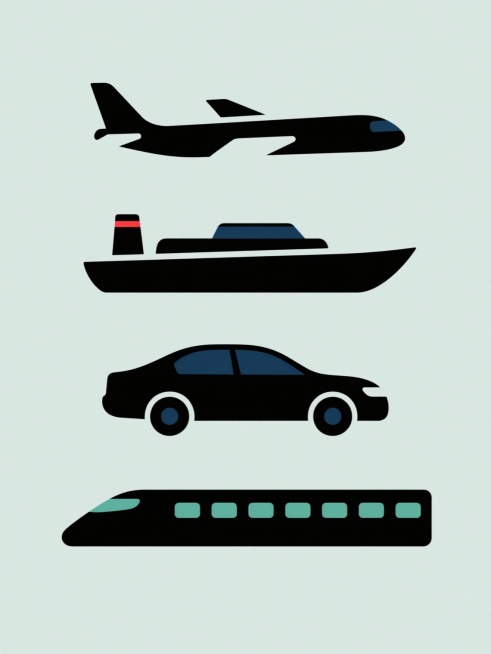 极简扁平风格图标集合，纯色背景，包含四个不同运输工具元素：飞机（简约侧飞形态，流线型机身，三角形机翼和尾翼）、轮船（侧视船身，平直线条，有明显的甲板轮廓和单一烟囱）、汽车（侧视轿车形态，圆滑车身，有车窗和车轮简化轮廓）、高铁（流线型车头，连接多节车厢，车窗呈横向排列），所有元素均为纯黑色剪影，轮廓简洁流畅无内部细节，规整排布在同一画面中，保持统一的极简设计语言和视觉风格，色彩整体变换为[此处可……预览效果