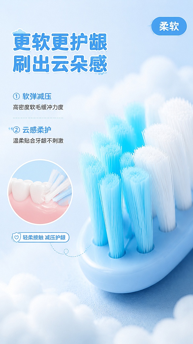[第4屏] 详情页刷毛机理-软毛密度与护龈原理特写。本屏使用【图3】下方云朵蓝猫爪牙刷的刷头部分作为微距展示主体。
[氛围/风格] 科技微距风，柔和蓝调，刷毛根根分明，商业摄影微距质感，参考【图1】的云感柔软表达。
[元素布局] 画面右侧放大展示云朵蓝猫爪牙刷刷头微距（蓝白相间刷毛，根根直立柔软），占比约50%；左侧为护龈机理示意：牙龈示意图+刷毛轻柔接触牙龈的动态线，表现软毛减压不刺激；背景点缀蓬松云朵元素和柔和光斑。
[光影质感] 侧上方柔光打亮刷毛，突出每根刷毛的质感和层次，刷头下方有柔和投影，整体通透有科技感。
[配色色系] 全局底色 #E8F0FE（浅蓝渐变）；主色天空蓝 #42A5F5；辅助色白色、浅粉（牙龈色）。
[视角构图] 刷头45°斜侧微距特写，左侧文字+机理，右侧产品微距，阅读动线左上标题 → 左侧机理 → 右侧刷头。
[文字版式] 左上主标题「更软更护龈 刷出云朵感」，粗圆体；下方2条编号卖点：①「软弹减压 高密度软毛缓冲力度」②「云感柔护 温柔贴合牙龈不刺激」；右上角圆角标签「柔软」。文字不遮挡刷头微距主体。
[比例分辨率] 9:16 竖版比例，4K分辨率，文字清晰可辨，高清画质。
[负向提示词] 刷毛变形，颜色偏差，医疗化表述，牙龈出血，文字过小，水印，产品模糊。