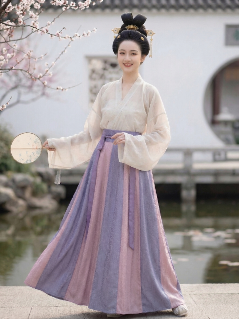 将裙子改成齐腰款式，不要齐胸，保持上衣为浅色本白，真人唐朝美女全身图，面带微笑，背景浅色，保留紫粉色竖条纹暗纹提花裙子面料，保持唐风汉服造型预览效果