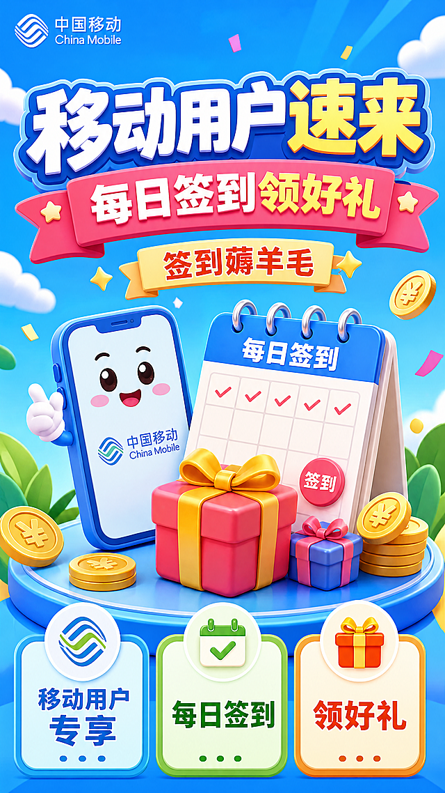 Q版风格中国移动签到活动海报，版式精美，主标题"移动用户速来"，副标题"每日签到领好礼"，装饰文案"签到薅羊毛"，卖点"移动用户专享"、"每日签到"、"领好礼"，整体采用Q版卡通设计，色彩活泼明快，背景简洁干净，排版层次清晰，所有文字清晰可读，无遮挡，符合国内电商促销海报风格，9:16比例