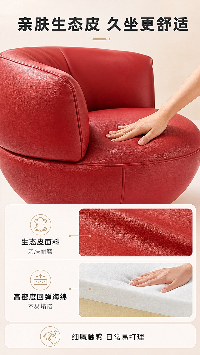 [商品] 使用【图1】D2503红色生态皮休闲椅；保留生态皮面料、高密度回弹海绵填充、红色皮革颜色、缝线细节；商品处理：增强皮革纹理质感，强化座垫饱满度，不改变产品结构。
[画面] 目标：面料材质证明页，展示生态皮面料与高密度回弹海绵的品质。上特写下说明构图，上半部分为座垫面料微距特写+一只手轻轻按压座垫演示回弹效果，下半部分为分层结构示意。产品占画面约70%，正面微俯视角度。背景为纯净浅米色，突出材质细节。
[视觉] 套系策略：风格=现代轻奢家居商业摄影；标题字=思源黑体粗体；正文字=思源黑体常规；主色=砖红+米白；背景延展=基于米白做深浅层级、同色渐变和细腻墙面/织物质感；强调色=暖金色，仅用于小面积图标、引线和标签；标题色=深炭灰；正文色=中暖灰；组件=圆角浅底信息卡、细线引线、胶囊卖点框；光影=左前侧暖柔光，柔和阴影。
[文字] 顶部主标题「亲肤生态皮 久坐更舒适」（10字）。下方分层标注：「生态皮面料 亲肤耐磨」「高密度回弹海绵 不易塌陷」，配2个材质图标。底部补充说明：「细腻触感 日常易打理」。文字横向排版，层级清晰。
[规格] 图片比例9:16竖版，4K分辨率，淘宝/天猫详情页适配，中文文案，避免变形、错字、文字过小、冷蓝背景、产品颜色改变、结构失真、极限词。