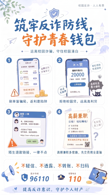 修正所有错别字，同时将所有文字调整为清晰可辨的状态，把“最高可谐(元)”纠正为“最高可借(元)”，保持海报原有内容、风格、排版和尺寸不变，生成修正后的校园反诈宣传海报预览效果