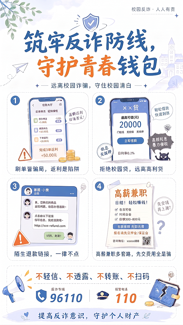 修正所有错别字，同时将所有文字调整为清晰可辨的状态，把“最高可谐(元)”纠正为“最高可借(元)”，保持海报原有内容、风格、排版和尺寸不变，生成修正后的校园反诈宣传海报