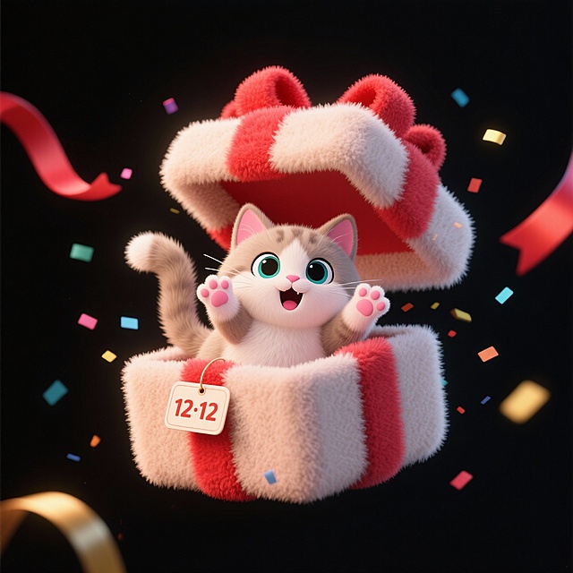 软3D风格萌猫从毛绒礼盒跃出，卡通感十足，毛发生长细节丰富，喜庆彩带飘舞，12·12节日氛围浓厚。
