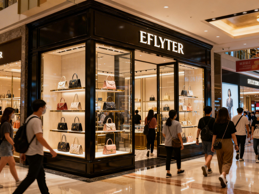 国内商场的EFLYTER品牌女包店铺，双开间或三开间，店面设计高级有质感，充满港式复古风格，橱窗内清晰陈列多款精致女包，店门口有很多中国人来往，氛围热闹有烟火气，整体呈现香港商圈店铺的特色韵味预览效果