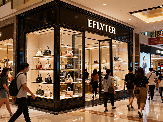 国内商场的EFLYTER品牌女包店铺，双开间或三开间，店面设计高级有质感，充满港式复古风格，橱窗内清晰陈列多款精致女包，店门口有很多中国人来往，氛围热闹有烟火气，整体呈现香港商圈店铺的特色韵味