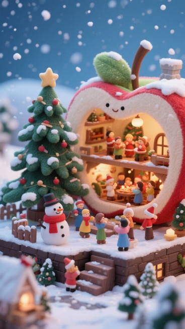 一个巨大的苹果形状的毛绒绒卡通房子，房子内部有一群小人在热热闹闹地过圣诞节，房屋外面有一颗大大的圣诞树，一个戴着红围巾的雪人，天空中飘着雪花，整体呈现3D微缩场景风格，细节丰富，色彩温馨预览效果