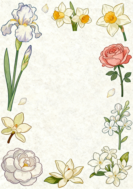 A4竖构图，肌理风卡通画风，清新脱俗浅色调低饱和度，包围式构图，再次更换法国白鸢尾、水仙、土耳其玫瑰、中国白兰、印度晚香玉的摆放位置，分布在画面四周各占四分之一位置，不往中间靠近太多，中间背景空白，花预览效果