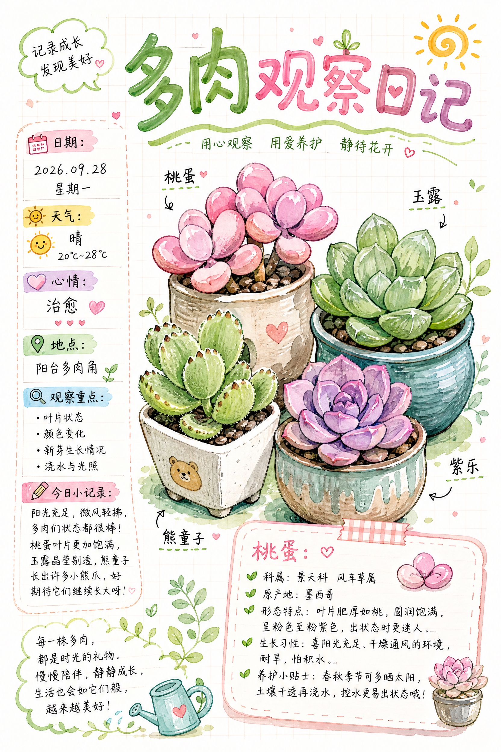 马克笔手绘风格的多肉观察日记海报，纯白色背景，A4竖版构图。画… - 图片创意预览