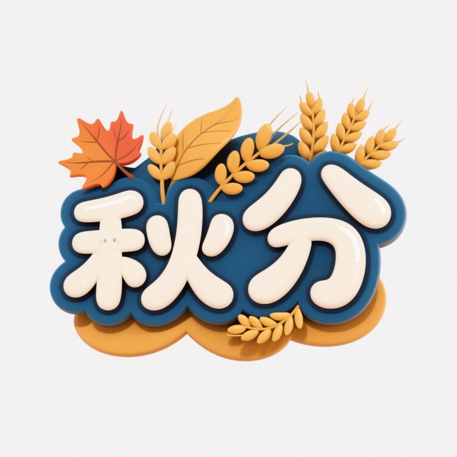 卡通风格的“秋分”艺术字，字体圆润可爱，带有秋季元素装饰，如枫叶、麦穗，背景为纯白色预览效果
