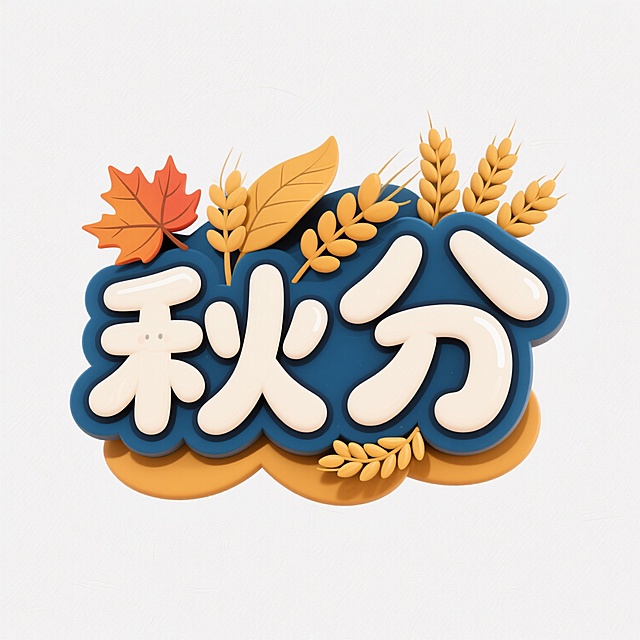 卡通风格的“秋分”艺术字，字体圆润可爱，带有秋季元素装饰，如枫叶、麦穗，背景为纯白色