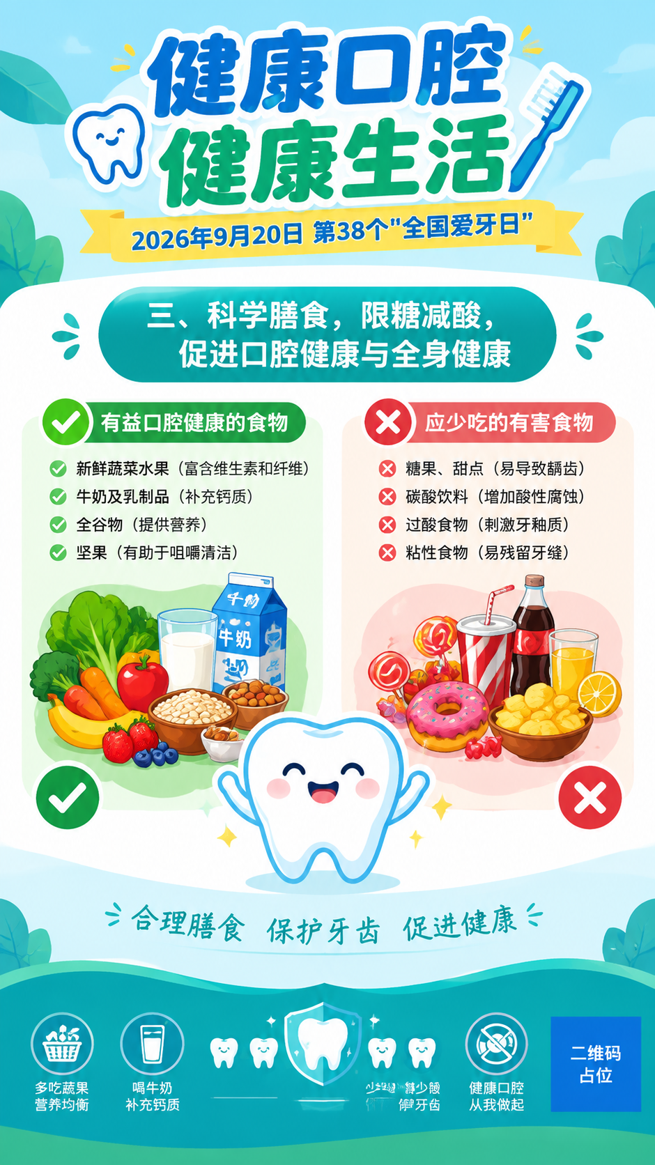 扁平插画风格，全国爱牙日科普海报，竖版9:16。画面顶部主标题… - 图片创意预览