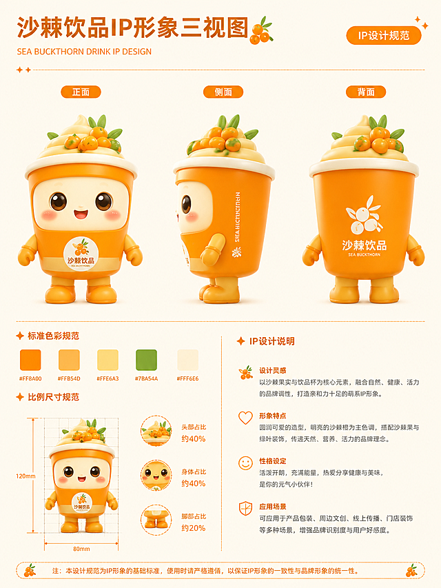 沙棘饮品IP形象三视图，包含正面、侧面、背面三个视角，萌系可爱风格，沙棘橙色为主色调，标注IP设计规范