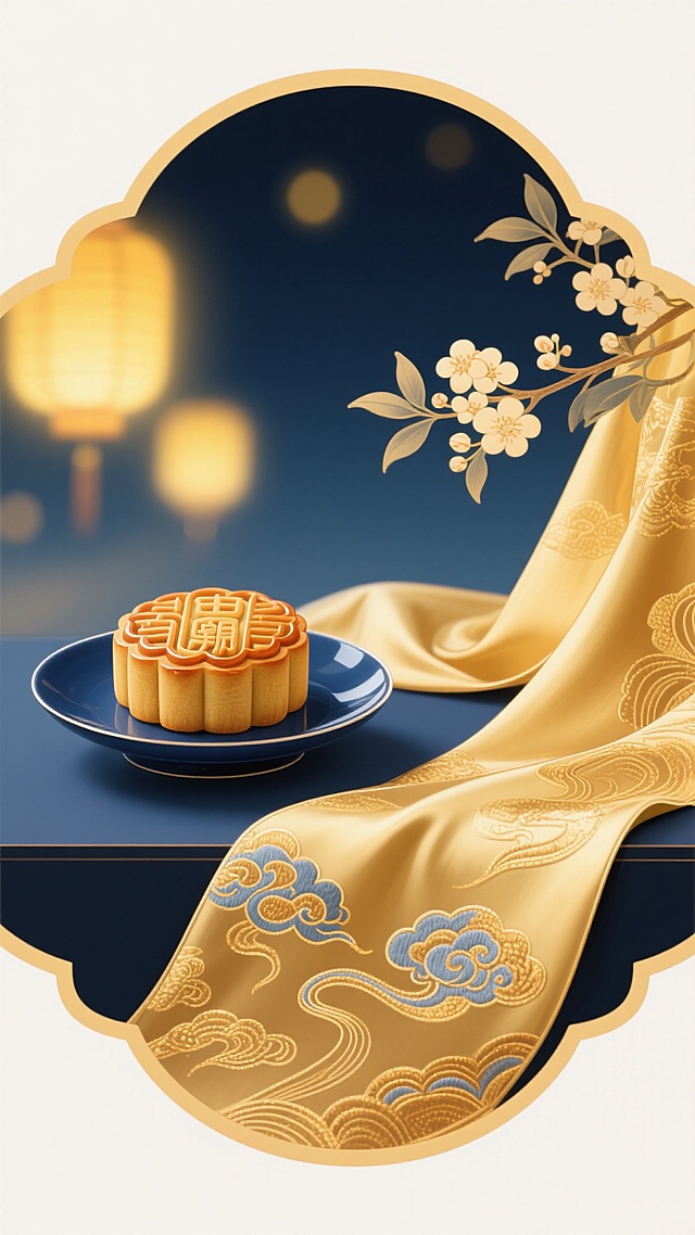 极致细节，摄影级，特写镜头，光滑的深蓝色瓷器上摆放着精致的月饼，月饼旁边是金色的丝绸，丝绸上绣有精美的云纹和桂花图案，背景是虚化的暖黄色光斑，如同远处的灯火，整体构图极简典雅，光影突出，质感奢华，富有中秋和国庆的典雅氛围，中国风现代设计，留白处理，适合添加文字。