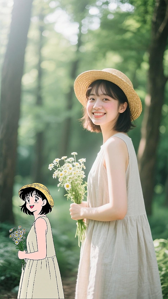 清新森林背景，女孩手捧雏菊，卡通动漫风设计，营造梦幻夏日氛围。