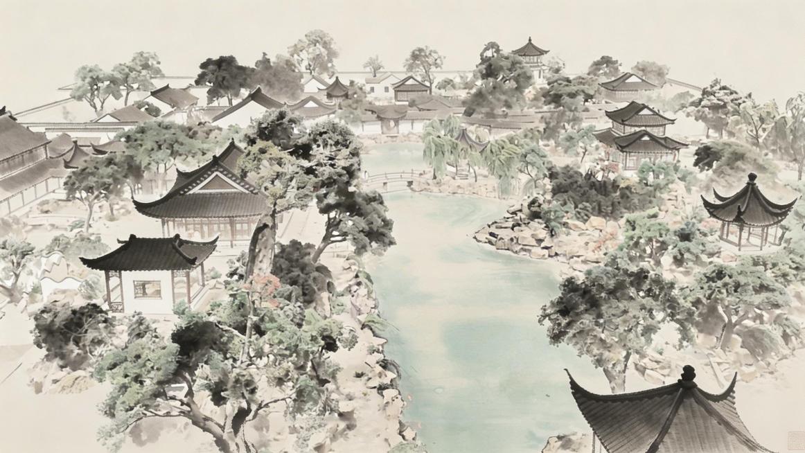 苏州园林，手绘风格，水墨，画风精致，笔触流畅，意境唯美，只保留中间园林部分，裁剪掉两侧多余区域预览效果