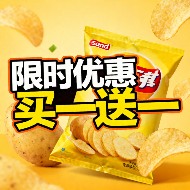 sand薯片优惠活动宣传图，画面中展示一包sand薯片，加上醒目的优惠促销文字"限时优惠，买一送一"，整体风格活泼吸引人，暖黄色调，适合电商平台推广预览效果