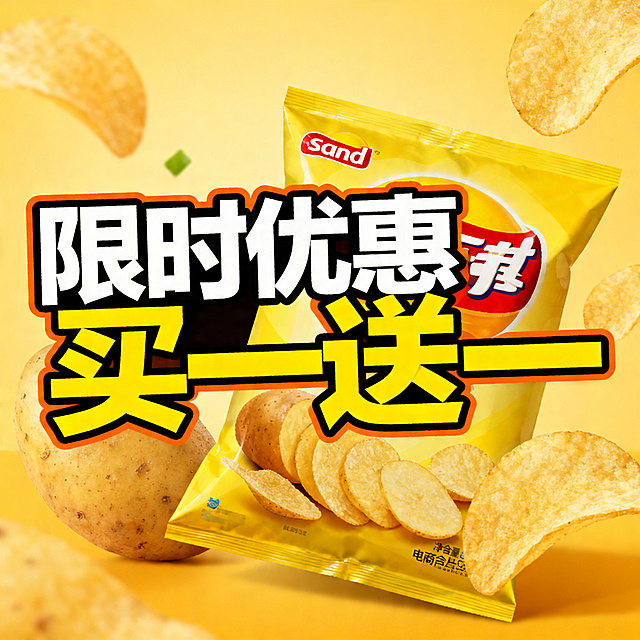sand薯片优惠活动宣传图，画面中展示一包sand薯片，加上醒目的优惠促销文字"限时优惠，买一送一"，整体风格活泼吸引人，暖黄色调，适合电商平台推广