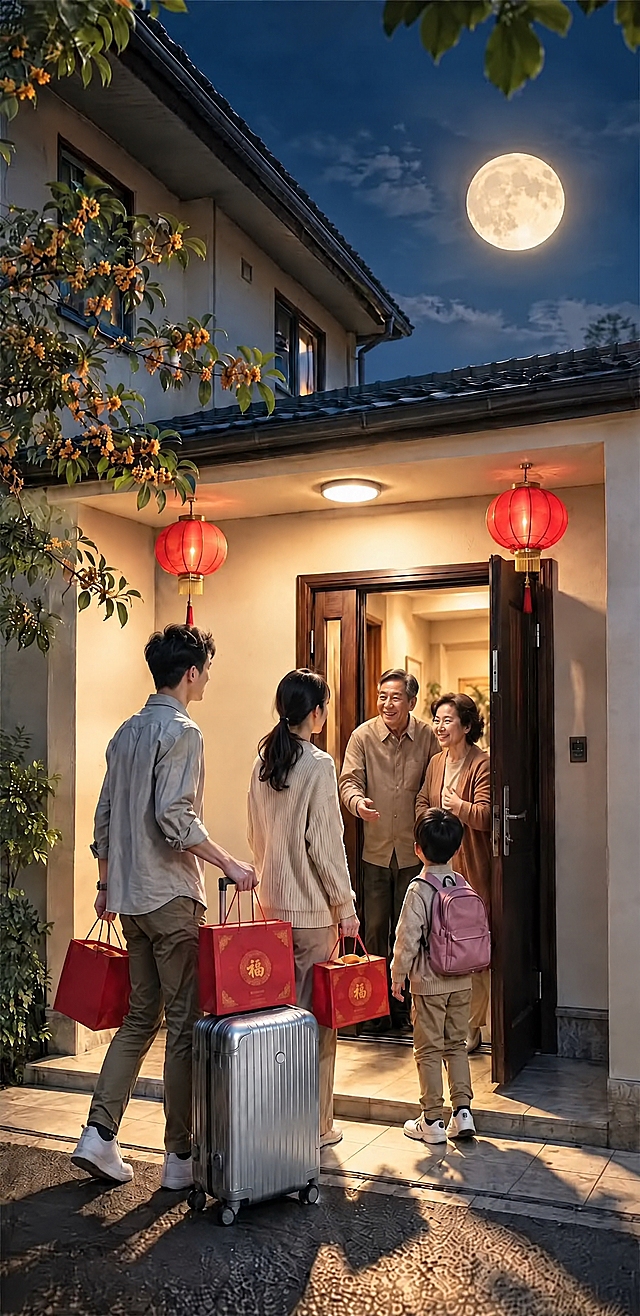 修改门口老年男性（父亲）的表情：在温和微笑的基础上更开心一些，笑容更明显但不夸张，保持自然。母亲的姿势、表情完全按照原图恢复，不要改动。保持画面其他所有元素、人物、场景、灯光、构图不变。