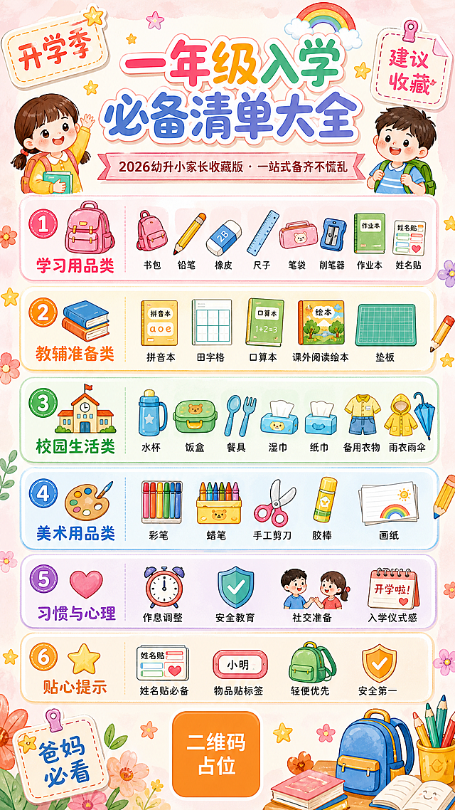 一张活泼可爱的小学一年级入学必备清单海报，竖版9:16，手绘水彩+扁平插画混合风格，色彩明亮温暖，以马卡龙粉、薄荷绿、鹅黄色为主色调，充满童趣感。

画面顶部居中是醒目的大标题"一年级入学必备清单大全"，字体圆润可爱带描边效果；标题下方是副标题"2026幼升小家长收藏版 · 一站式备齐不慌乱"，字号稍小。

画面主体分为六大彩色卡片区域，从上到下整齐排列，每个卡片有不同的柔和渐变色背景和可爱图标：
1. 🎒 学习用品类：书包、铅笔、橡皮、尺子、笔袋、削笔器、作业本、姓名贴
2. 📚 教辅准备类：拼音本、田字格、口算本、课外阅读绘本、垫板
3. 🏫 校园生活类：水杯、饭盒、餐具、湿巾、纸巾、备用衣物、雨衣雨伞
4. 🎨 美术用品类：彩笔、蜡笔、手工剪刀、胶棒、画纸
5. 💡 习惯与心理：作息调整、安全教育、社交准备、入学仪式感
6. ⭐ 贴心提示：姓名贴必备、物品贴标签、轻便优先、安全第一

每个分类卡片内的清单项用小图标+文字呈现，排版整齐清晰，字号适中易读。

画面四周装饰有小星星、小花朵、铅笔、书包等童趣元素，营造开学欢乐氛围。左上角有"开学季"贴纸标签，右上角有"建议收藏"贴纸标签，左下角有"爸妈必看"贴纸标签，均为手写感贴纸风格。

画面底部中央有一个橙色圆角方块二维码占位符，方块中央标注"二维码占位"文字。

整体风格活泼童趣、温馨治愈，适合幼升小家长群体，信息丰富但不杂乱，版式精美，层次分明，四周留有安全边距。

画面中所有信息区域、清单卡片、分类列表必须填充完整合理的内容，不得出现空白框、空白占位、空列表项；所有清单条目文字清晰可读。
画面中所有数字必须精确渲染，不得错位、遗漏或编造。