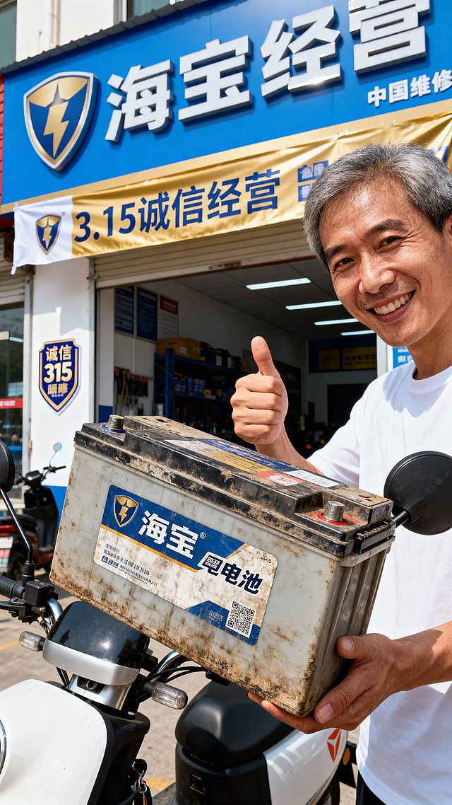 电动车维修店前，老师傅手持一块已经使用多年的海宝电池，向年轻车主展示。电池外壳虽显岁月痕迹，但性能标签依然清晰。老师傅竖起大拇指，脸上是肯定的笑容。店门口挂着“3.15诚信经营”横幅。特写老师傅手中的电池与他的大拇指，背景是整洁的维修店和诚信标语。采用暖色调，搭配信任蓝、品质金、纯净白，通透明亮布光，适当加入3.15标识，突出真实可信的质感。