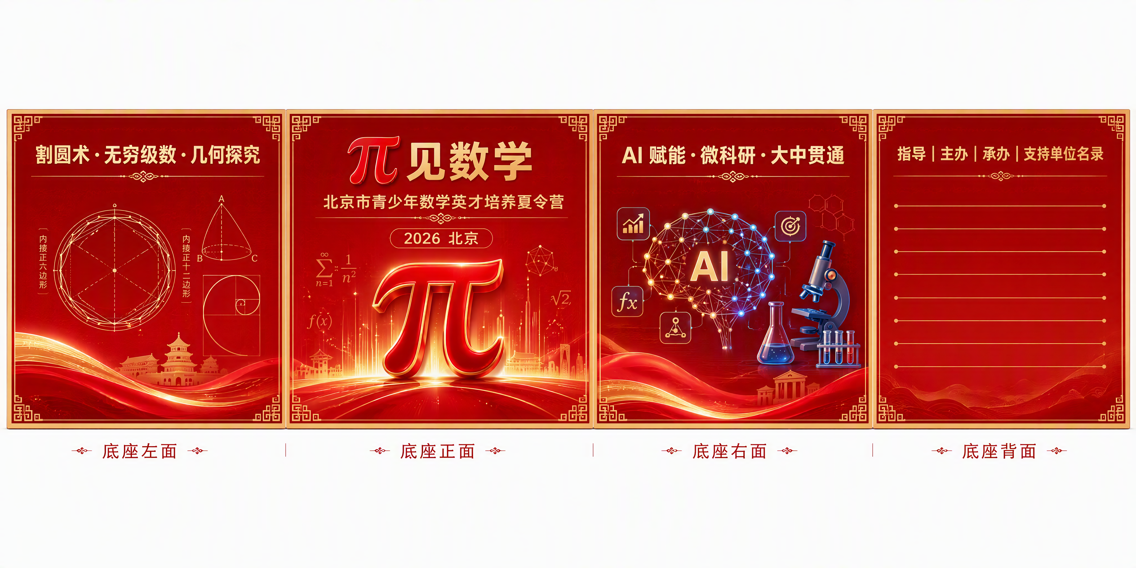 底座四面展开图设计，四个长方形面横向排列，红金配色青春活力风格… - 图片创意预览