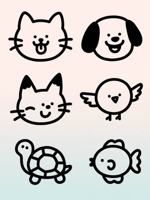 一个由6个不同动物头像组成的系列素材集合，采用简约可爱的手绘线条风格，黑色粗轮廓线勾勒，线条流畅带有轻微的手绘质感，每个动物表情生动俏皮，造型Q萌。包含一只圆耳朵吐舌头的猫、一只耷拉耳朵咧嘴笑的狗、一只尖耳朵眯眼的狐狸、一只圆头圆脑展翅的小鸟、一只背着圆形壳探头的乌龟、一条圆滚滚带波浪尾巴的鱼。所有动物头像在纯色背景上呈规整的网格状排布，整体色彩变换为柔和清新的马卡龙色系，保持画面简洁明快的氛……预览效果