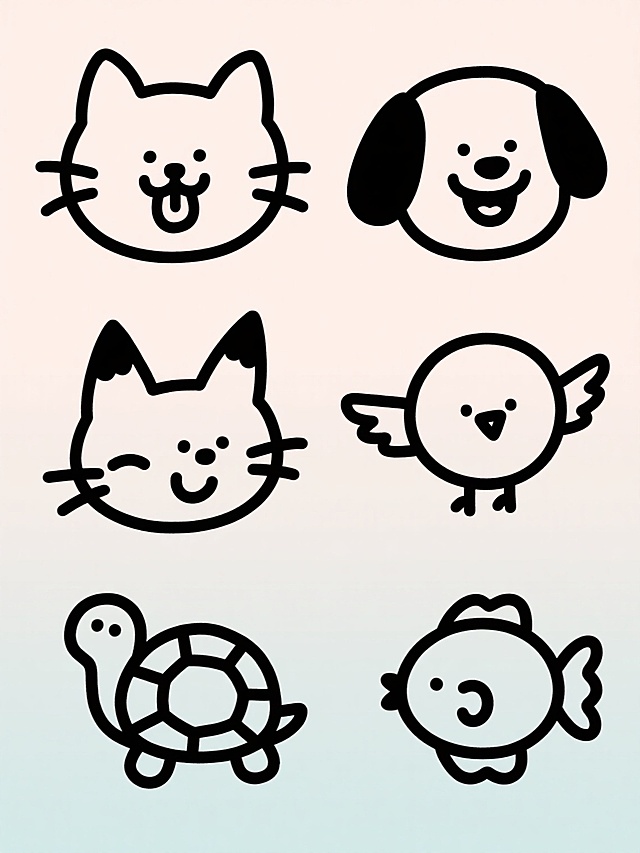 一个由6个不同动物头像组成的系列素材集合，采用简约可爱的手绘线条风格，黑色粗轮廓线勾勒，线条流畅带有轻微的手绘质感，每个动物表情生动俏皮，造型Q萌。包含一只圆耳朵吐舌头的猫、一只耷拉耳朵咧嘴笑的狗、一只尖耳朵眯眼的狐狸、一只圆头圆脑展翅的小鸟、一只背着圆形壳探头的乌龟、一条圆滚滚带波浪尾巴的鱼。所有动物头像在纯色背景上呈规整的网格状排布，整体色彩变换为柔和清新的马卡龙色系，保持画面简洁明快的氛围和统一的卡通手绘设计感。