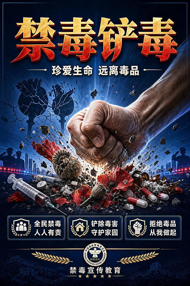 一张正式严肃的禁毒铲毒宣传教育竖版海报，政务宣传风格，庄重大气，具有强烈警示性与力量感。

主标题为"禁毒铲毒"四个大字，采用粗体宋体或黑体，字体厚重有力，居中偏上位置，红色与金色渐变，醒目震撼。
副标题为"珍爱生命 远离毒品"，位于主标题下方，白色或浅黄色字体，字号适中。

画面中部为核心视觉区：一只强有力的拳头击碎毒品（如罂粟花、注射器、药丸等毒品象征物），象征禁毒决心与力量；背景有破碎的罂粟花剪影和警示光芒，营造严肃震撼的氛围。

画面下方排列三条关键信息短句，分别是"全民禁毒 人人有责"、"铲除毒害 守护家园"、"拒绝毒品 从我做起"，每条配简洁图标，整齐排列，白色文字配深色底栏。
底部有"禁毒宣传教育"小字标签。

配色以深蓝、藏青为主色调，搭配红色、金色点缀，整体庄严肃穆，具有政府宣传海报的正式感。
背景有渐变的深蓝色光晕和光线效果，增加层次感和庄重感。

版式精美，构图均衡，四周留有安全边距，文字清晰可读，层级分明。
超高清印刷品质，300PPI精细度，细节丰富，画质细腻。
竖版大四开比例。

画面中不预留地址和二维码位置。
画面中所有信息区域必须填充完整合理的内容，不得出现空白框、空白占位、横线待填写区域、空列表项、空单元格，确保是完整可用的成品海报而非待填写模板。