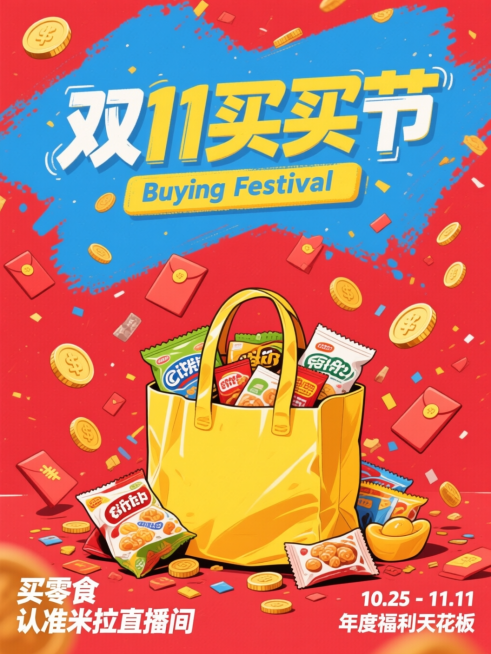 citypop插画风格。画面黄色购物袋，里面和周围有各类零食商品。上方蓝色不规则区域有艺术字标题“双11买买节”，搭配黄色文本框，白色小字“Buying Festival”；左下角白色副标题“买零食预览效果