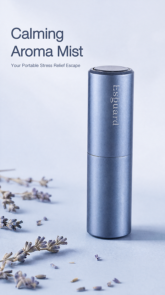 [第1屏] 详情页头图-Esguard blue portable aroma fragrance mist poster. This screen uses [image1] as the product main body. 
[Atmosphere/Style] Minimalist premium Nordic style, soft light low saturation commercial photography texture, real and objective product display. 
[Element Layout] Place the product slightly right of center, occupying 65% of the screen; The upper left title area is reserved, and the bottom is a matte light blue gradient background; Decorate with a few scattered dried lavender flowers to emphasize the aroma atmosphere; The bottle structure, matte material and brand text must be consistent with the input product image. 
[Lighting and Texture] Soft main light from the upper left, gentle projection on the lower right, clear metallic high light on the bottle body, layered overall, the product is clear and real. 
[Color Scheme] Global background color #E8F0F8, main color muted blue, auxiliary color off-white text and dried flower decoration. 
[Perspective Composition] Frontal perspective, the product is the visual center, reading flow: upper left title → right product → bottom. 
[Text Layout] Layout is upper left title + right product. Main title "Calming Aroma Mist", subtitle "Your Portable Stress Relief Escape", English sans-serif font, left-aligned, text does not cover the bottle body. 
[Proportional Resolution] 9:16 vertical ratio, 4K resolution, clear recognizable text, high definition picture quality. 
[Negative prompts] Deformed bottle, missing parts, wrong color, distorted text, blurred product image, watermark, cluttered background.