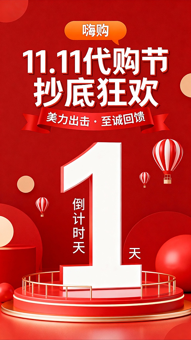 以红色为主色调的双11促销倒计时海报，顶部有橙色气泡框，框内是“嗨购”字样，主标题为“11.11 代购节 抄底狂欢”的白色艺术字，下方有红色丝带标语“美力出击・至诚回馈”，画面核心是巨大的白色数字“1”，数字下方标注“倒计时 天”，背景点缀红色热气球和圆形装饰，整体风格热烈喜庆，突出双11代购节的抄底狂欢与倒计时紧迫感