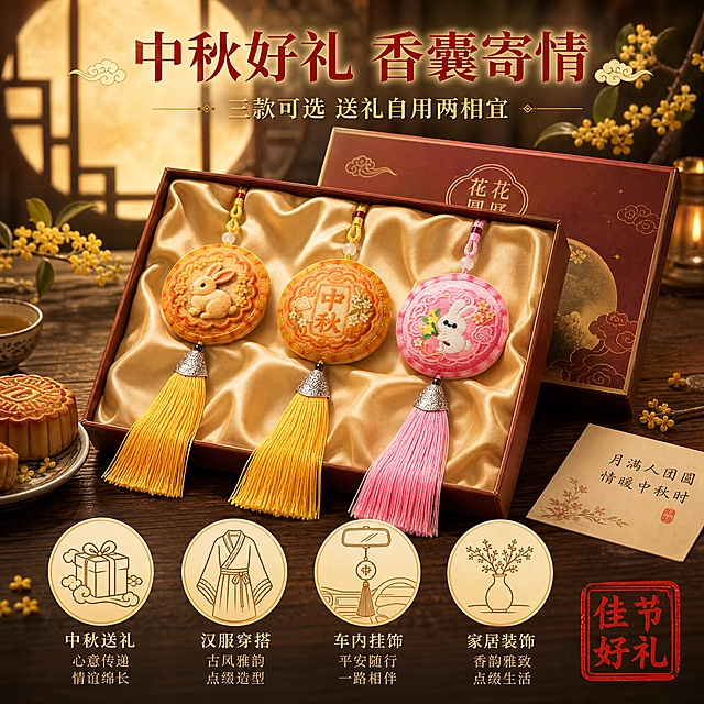 [主图-5] 中秋礼品场景与选购建议图，展示香囊作为中秋佳节礼品的多种用途与适用场景。
[统一基调] 整体风格为古风雅致中秋氛围，背景主色为暖金色与深木色渐变，标题字色为朱砂红，辅助字色为暖金色，强调色为月白色，字体样式为宋体衬线体，字号层级分明，卡片采用古风祥云边框，图标为线描国风风格。
[画面] 画面中央是一个古风礼盒打开的场景，盒内铺着丝绸，三款香囊整齐摆放在礼盒中，旁边搭配着月饼、桂花枝、手写贺卡。礼盒放置在深色木质案几上，背景是朦胧的窗格月影。画面上方有主标题，下方有四个圆形选购建议图标，分别是：中秋送礼、汉服穿搭、车内挂饰、家居装饰。每个图标配简短说明文字。右下角有"佳节好礼"印章样式装饰。
[光影质感] 商业摄影质感，暖金色顶光营造礼盒开箱的仪式感，丝绸有柔润光泽，香囊刺绣精致，月饼与桂花细节真实，整体氛围温馨喜庆有节日感。
[配色] 背景深木色配暖金光晕，礼盒红棕色，香囊三色鲜明点缀，标题朱砂红，图标暖金色，整体色调喜庆温暖。
[文字版式] 顶部主标题"中秋好礼 香囊寄情"为大号朱砂红宋体居中，副标题"三款可选 送礼自用两相宜"为暖金色中号宋体。下方四个圆形图标横向排列，图标内为线描图案，下方配文字说明，文字为深棕色宋体。右下角"佳节好礼"红色印章装饰。
[输出要求] 1:1正方形比例，2048x2048像素，文字清晰可读，三款香囊外观与输入图一致。负向：变形、错字、模糊、杂乱、水印、平台Logo、礼盒穿模、产品悬浮。