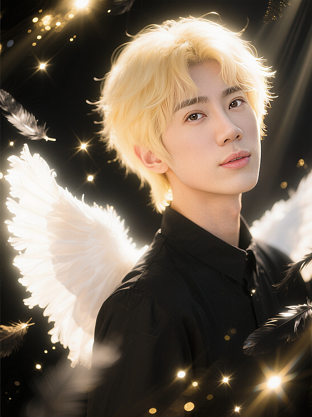 特写镜头，唯美精致的天使少年（奶油肌，金色的头发，黑色穿搭，发着光），环绕无数动态模糊的黑金调发光羽毛，大光圈虚化的暗调背景