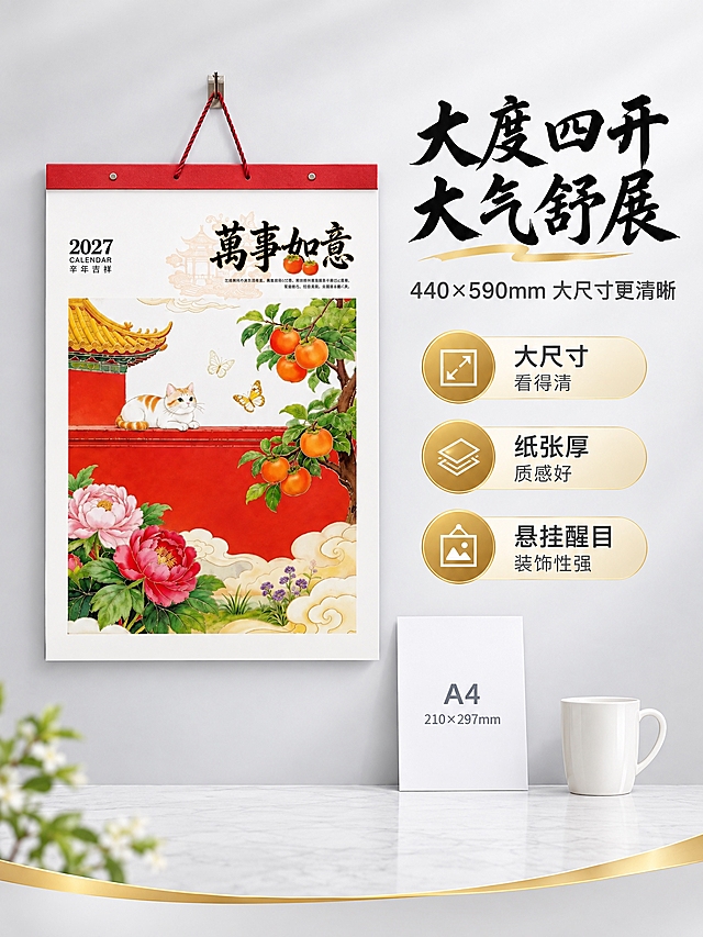 [商品] 使用万事如意款挂历；外观与参考图完全一致，保留全部结构和颜色。
[画面] 尺寸参照，目标：大度四开尺寸直观展示。左图右文构图，挂历在左侧，正面悬挂视角，占画面45%。旁边放一个常见参照物（如A4纸或水杯）对比大小，直观体现440*590mm大度四开尺寸。右侧信息区说明尺寸优势。背景浅灰色渐变。
[视觉] 套系策略：风格=简约高端商业摄影；标题字=大气书法体（黑色）；正文字=现代黑体（深灰色）；主色=黑白灰；背景延展=浅灰渐变；强调色=金色，用于标题、图标和装饰；标题色=黑色；正文色=深灰色；组件=金色圆角信息卡、图标；光影=正面柔光，清晰明亮。
[文字] 右侧上方主标题"大度四开 大气舒展"黑色大字；副标题"440×590mm 大尺寸更清晰"灰色小字；下方三个卖点："大尺寸 看得清""纸张厚 质感好""悬挂醒目 装饰性强"，配金色小图标。
[规格] 比例3:4竖版，2K分辨率，避免变形、错字、尺寸标注不清。
