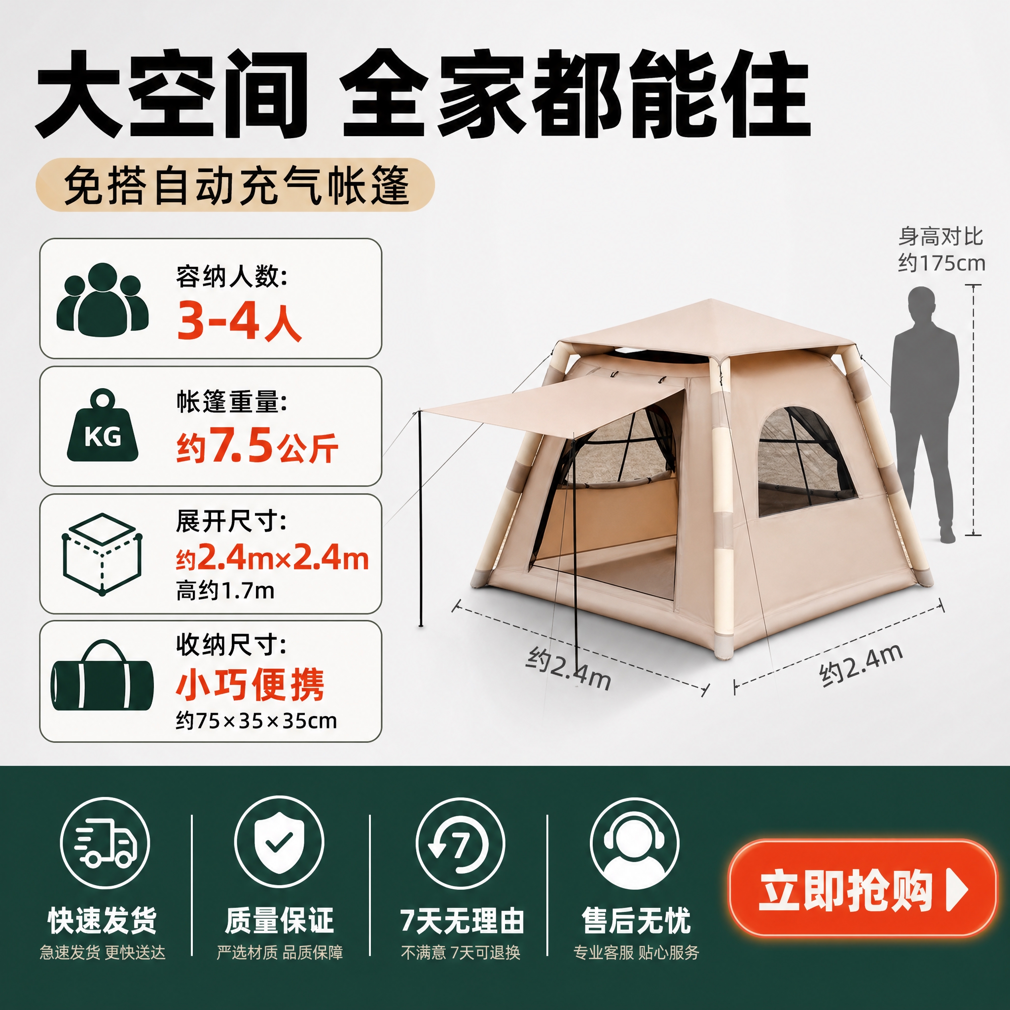 [主图5-规格服务转化] 免搭自动充气帐篷 规格尺寸+服务承诺… - 图片创意预览