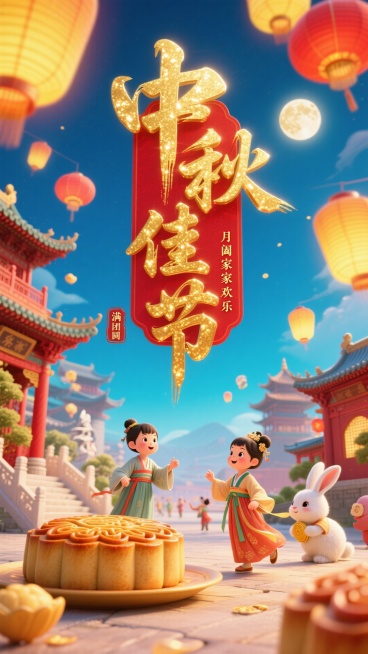 国潮插画风，闪光金色字“中秋佳节”大字是书法体，底色红色印章小字”月满团圆，阖家欢乐“。有宫殿，古建筑，月饼，兔子，身穿汉服的小孩在戏玩，灯笼高斯模糊+动感模糊。色彩保和明亮，字体闪金，整体画面宏大灵预览效果