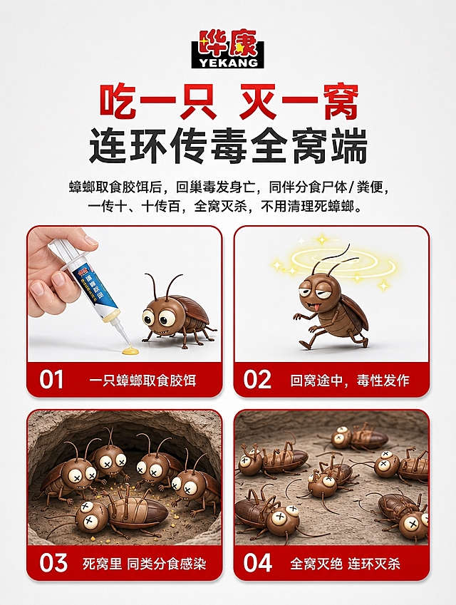 [商品] 使用【图2】蓝色5克杀蟑胶饵针管产品；保留蓝色针管外观、白色推杆、产品标签文字"杀蟑胶饵"、"吡虫啉2.5%"、品牌标识；针管结构清晰，颜色准确。
[画面] 目标=详情页连环传毒原理屏，四宫格步骤展示，简洁留白风格；构图=上下结构，顶部标题区+中部2×2四宫格步骤卡片，四周留白；景别=中景；阅读动线=从上至下，从左至右：品牌Logo→主副标题→步骤01→02→03→04；背景=纯净浅灰白色渐变，无多余装饰，干净简洁。
四宫格内容：
01左上：一只手手持蓝色杀蟑胶饵针管，挤出一小滴黄色胶饵在平面上，旁边一只卡通蟑螂好奇靠近，底部红底白字编号"01"+文字"一只蟑螂取食胶饵"
02右上：卡通蟑螂吃了胶饵后回窝，头顶发光晕表示毒性发作，底部红底白字编号"02"+文字"回窝途中，毒性发作"
03左下：蟑螂死在窝里，其他同类蟑螂围过来分食，眼神出现X形，底部红底白字编号"03"+文字"死窝里 同类分食感染"
04右下：多只蟑螂倒地，眼睛都是X形，全窝灭亡，底部红底白字编号"04"+文字"全窝灭绝 连环灭杀"
[视觉] 套系策略：风格=简洁卡通插画风，克制不花哨；标题字=粗黑体；正文字=清晰黑体；主色=红色（标题、编号底）+深灰（正文）+蓝色（产品）；背景=浅灰白渐变，大面积留白；强调色=红色，仅用于主标题、编号底、卡片边框；标题色=正红色主标题+深灰黑色副标题；正文色=深灰色；组件=红边圆角四宫格卡片、红底白字编号条、卡通蟑螂形象；光影=柔和均匀，卡片轻微投影，不做夸张光效。
[文字] 顶部居中品牌Logo"晔康 YEKANG"；主标题"吃一只 灭一窝"（红色粗体大字），副标题"连环传毒全窝端"（深灰黑色粗体）；再下小字说明"蟑螂取食胶饵后，回巢毒发身亡，同伴分食尸体/粪便，一传十、十传百，全窝灭杀，不用清理死蟑螂"；四宫格每张底部红底白字编号+步骤说明；所有文字横向排版，手机端清晰可读。
[规格] 图片比例3:4竖版，分辨率4K，负向提示：避免产品颜色错误、针管变形、家居场景背景、科技网格光效、花哨装饰、蟑螂过于恶心恐怖、文字错字、蚂蚁字。