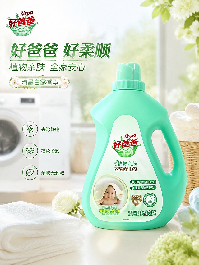 好爸爸植物亲肤衣物柔顺剂电商海报，100%还原上传商品图的产品外形、包装、LOGO、印刷文字、净含量，以上传图为唯一商品主体来源，完整保留原图中的瓶型、轮廓、结构、比例、瓶盖、标签版式、品牌logo、容量信息、材质质感、颜色与正面朝向。主标题"好爸爸 好柔顺"，副标题"植物亲肤 全家安心"，装饰文案"清晨白露香型"，卖点标签"去除静电"、"蓬松柔软"、"亲肤无刺激"，温馨亲子风写实商业摄影，浅干净柔和背景，场景烘托家庭洗护氛围，前景增加柔和光晕，版式精美，四边留足安全边距，文字不遮挡产品主体，画面比例3:4