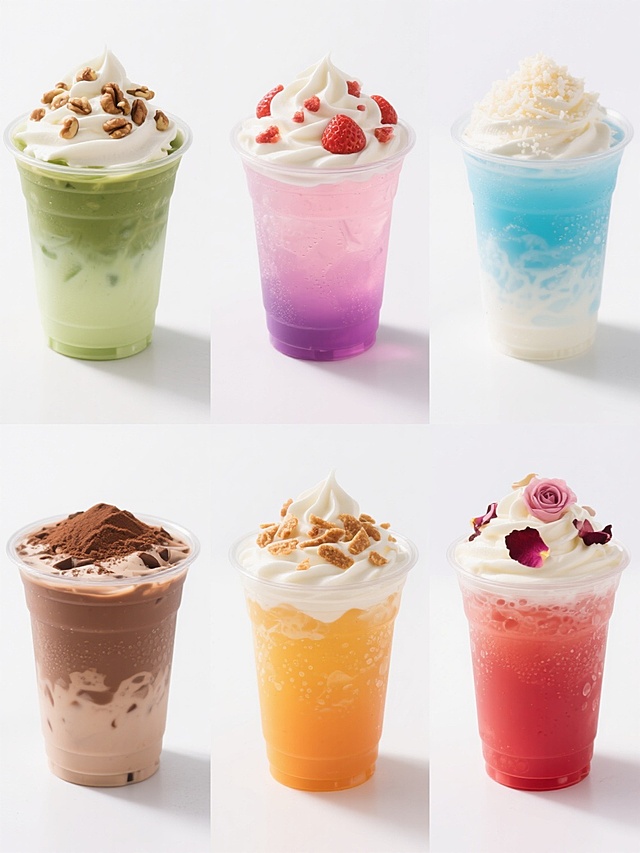 白色背景下，六款造型各异的奶油顶冰饮以规整网格排布组成系列素材集合，每款均保持高清商业摄影的写实风格、通透光感和细腻质感，采用不同色彩搭配与元素组合：1. 抹茶绿色渐变杯身配奶油顶撒核桃碎，2. 粉紫色渐变杯身配奶油顶撒草莓碎，3. 蓝白色渐变杯身配奶油顶撒椰蓉，4. 橙黄色渐变杯身配奶油顶撒焦糖脆片，5. 棕褐色渐变杯身配奶油顶撒可可粉，6. 玫红色渐变杯身配奶油顶撒玫瑰花瓣，所有冰饮均为透明塑料杯材质，杯身呈现清晰气泡纹理，奶油顶造型各具特色，整体画面视觉层次分明，信息传达高效，具有现代饮品海报的设计感与吸引力。