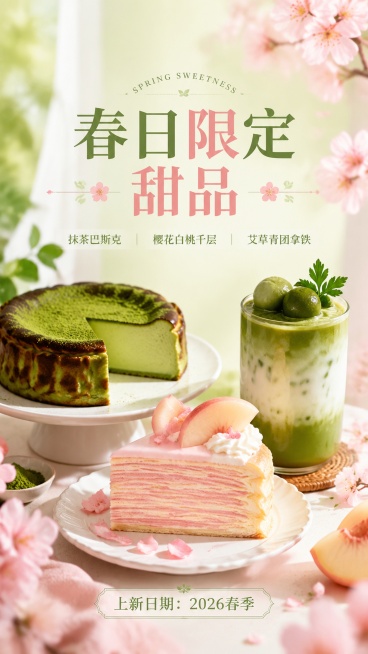 春季清新风格甜品上新封面海报，写实商业摄影，浅绿色柔粉色渐变春日氛围。画面中心布局，顶部主标题 "春日限定甜品"，副标题列出三款产品 "抹茶巴斯克 樱花白桃千层 艾草青团拿铁"，底部标注上新日期 "上预览效果