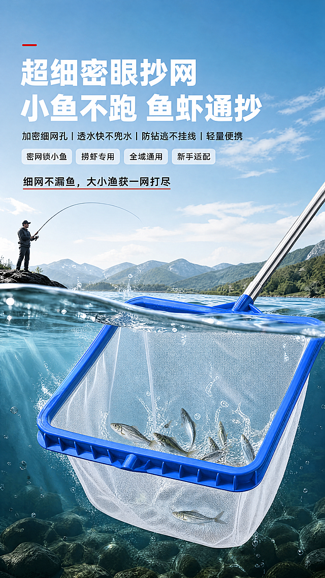 参考图1的构图和文案，将抄网替换为图2的长方形蓝色框抄网。保持整体构图不变：上半部分蓝天远山钓鱼人场景，下半部分水中展示抄网，抄网一半在水面下一半露出。保持所有原有文案：主标题为"超细密眼抄网 小鱼不跑 鱼虾通抄"，卖点文案："加密细网孔 | 透水快不兜水 | 防钻逃不挂线 | 轻量便携"，四个标签按钮："密网锁小鱼" "捞虾专用" "全域通用" "新手适配"，底部宣传语："细网不漏鱼，大小渔获一网打尽"。替换后的产品必须保留用户图2长方形蓝色框、白色密网眼网布、银色不锈钢杆的结构和颜色，保持长方形框形状不变。整体风格保持户外钓鱼商业海报风，真实摄影质感，水面清澈有气泡，水下有石头，几条小鱼在抄网中。比例保持9:16竖版，4K分辨率，文字清晰，产品结构准确。使用图1作为构图和文案参考，图2作为产品形状和颜色参考。负向提示词：框变形，三角形框，圆角框，颜色偏差，网布错乱，文字模糊，结构错误，背景杂乱。