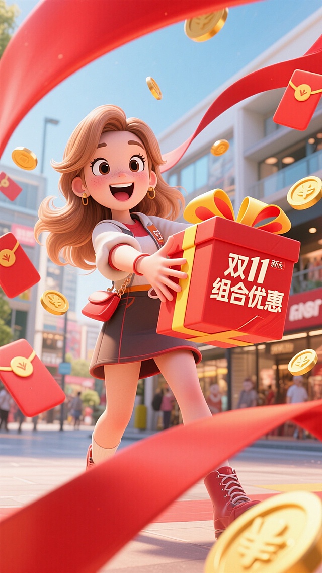 强烈镜头畸变，冲击力强，大幅度夸张动作，画面四周围绕的是很多红包和金币，一个浅棕色长发穿搭时尚的女生，左手向前伸向镜头，刚刚接着一个大礼盒，礼盒上写着双11组合优惠，惊喜的表情，表情开心，比例夸张，背景在室外的商场。主色调为红色和黄色。背后有红色的丝带。