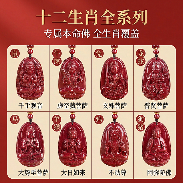 严格还原上传的朱砂本命佛吊坠产品图，包括红色朱砂材质、本命佛雕刻图案、黑色编织配绳、顶部朱砂珠和装饰细节，产品外观必须与参考图完全一致，不得改变吊坠的设计、配色方案或品牌元素，保持产品的真实哑光朱砂质感。1:1竖版画面，背景为渐变朱砂红色，画面中央排列8个不同生肖的本命佛吊坠（鼠、牛虎、兔、龙蛇、马、羊猴、鸡、狗猪），呈两行四列排列，画面顶部主标题“十二生肖全系列”（金色加粗字体，居中），副标题“专属本命佛 全生肖覆盖”（白色字体，在主标题下方），每个吊坠下方标注对应的生肖和本命佛名称（白色小字体），杂志式精致排版，突出产品系列性，风格统一高级。避免生肖吊坠样式错误，吊坠变形，颜色偏差，配绳样式改变，文字排版混乱，背景颜色偏差，产品比例失调，塑料质感，反光过强，多余杂物，非中式风格，卡通元素，文字颜色不清晰，排列混乱，字体样式不统一，画面割裂感强。